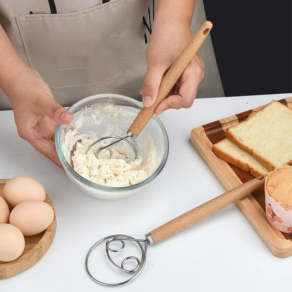 Danish Pancake Pan - オークハンドル付きデンマーク式生地コイルミキサー、家庭用マニュアル小麦粉ミキシングツール、ベーキングミキシングスティック、ガジェット